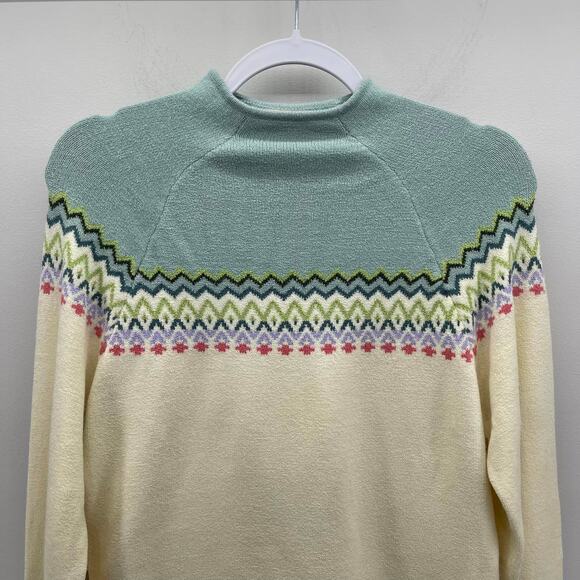 VTG Northern Isles Sweater Cream Fairisle Snowflake Mock Neck Soft Y2K Apres Ski - Picture 3 of 7